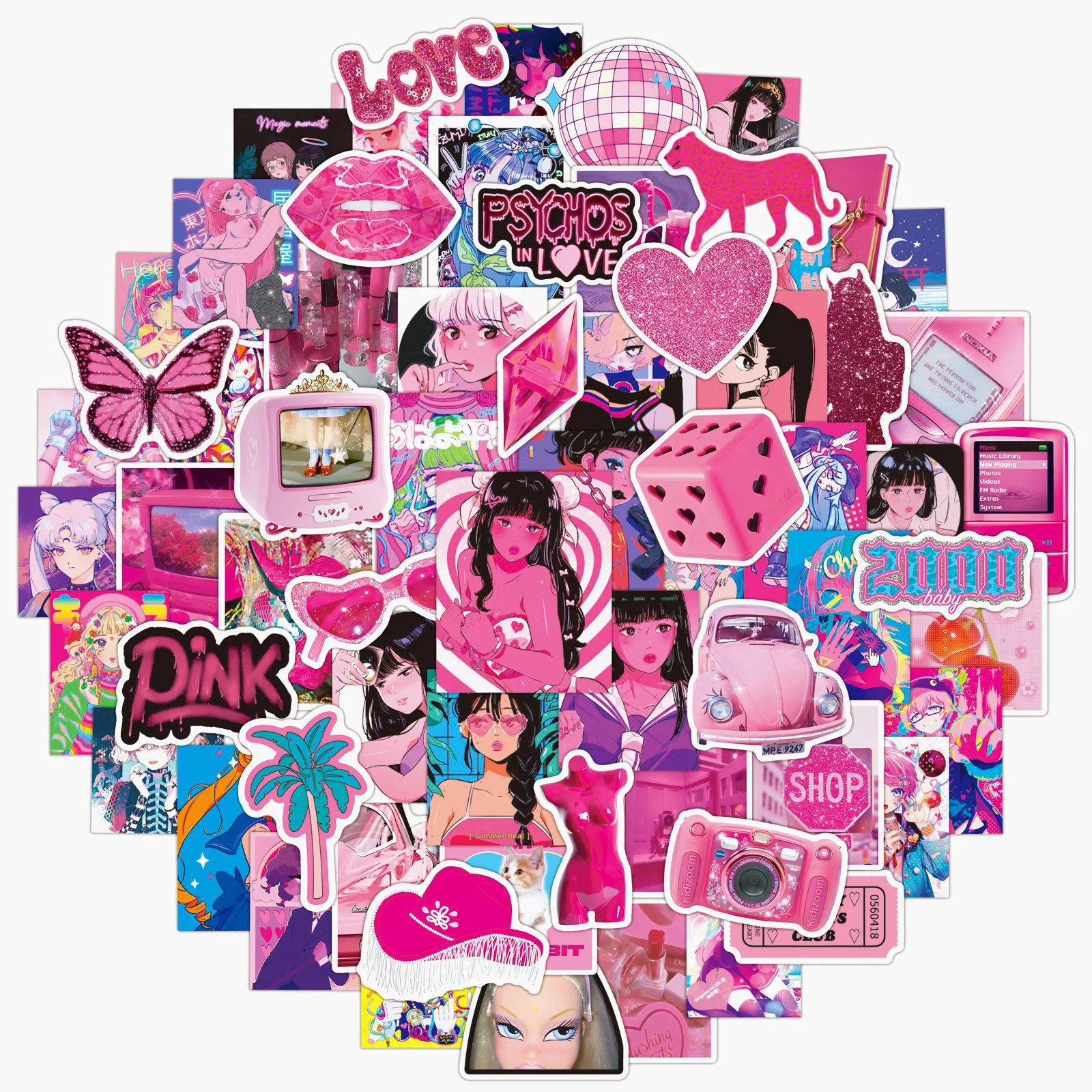 10/50/100pcs Pink Vintage Anime Y2K 2000s Girl Stickers Aesthetic DIY Phone Motorcycle Travel Luggage Skateboard Sticker Decals