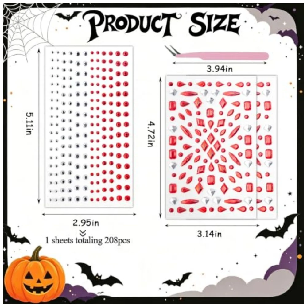 Halloween Red Blood Drop Self Adhesive Face Gems Stickers Set Red Clear Rhinestone Face Jewels for Party Makeup with Tweezers