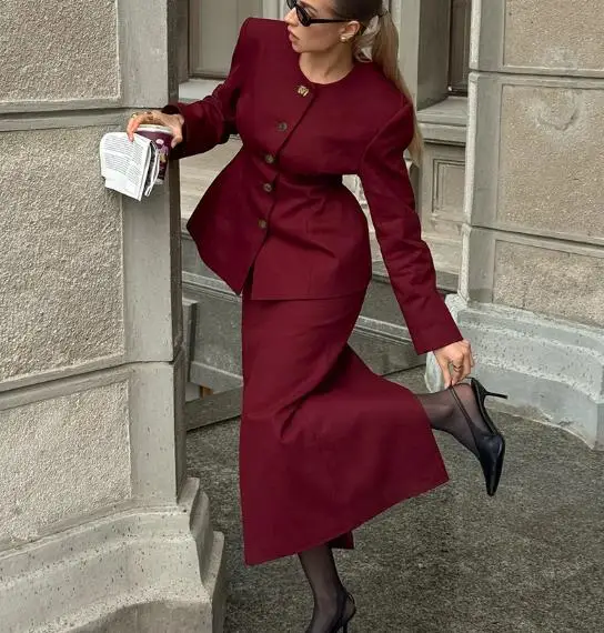 

Autumn and winter new style women's vintage round-neck long-sleeved tunic suit jacket paired with a skirt, two-piece set