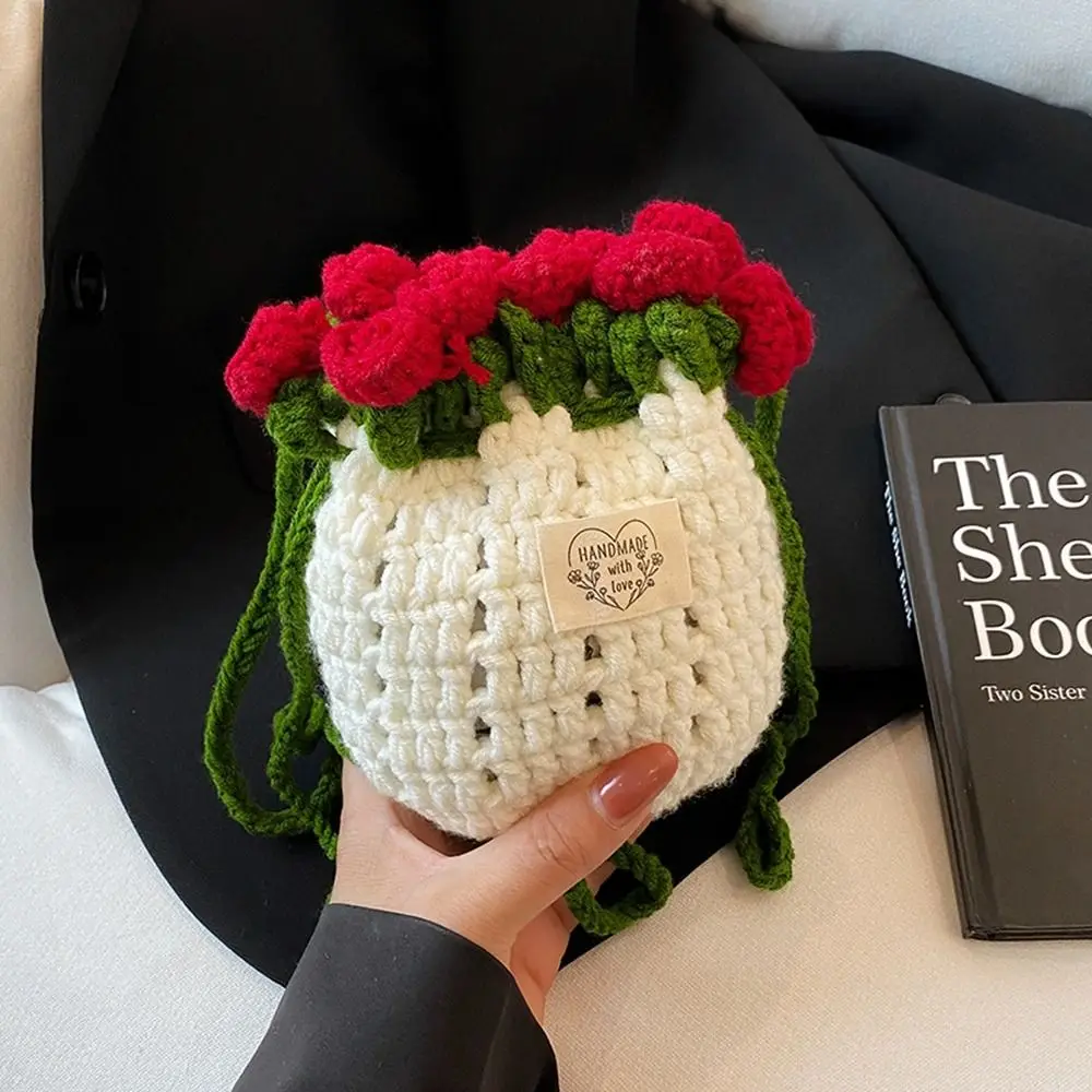 

Bohemian Rose Bouquet Weave Bag Cotton Rope Crochet Rose Beach Bucket Bag Romantic Rustic Knitted Crossbody Bag Birthday Gift