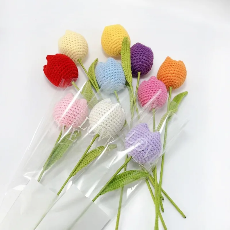 Knitting Crochet Chubby Tulip Artificial Flowers Bouquet Home Room Decor Wedding Table Decoration Accessories Mother's Day Gift