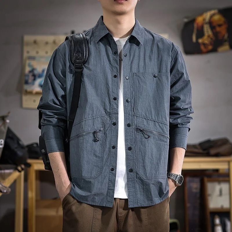 

New Spring and Autumn Style Long-sleeved Solid Color Versatile Fashionable Pockets with Shirts Men's Lapels Shirts