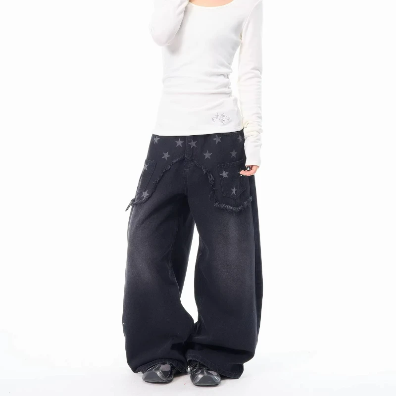 American Retro Design Star Print Women's Jeans 2025 Autumn Winter New Loose Thin High Waist Versatile Wide-leg Trousers Ladies