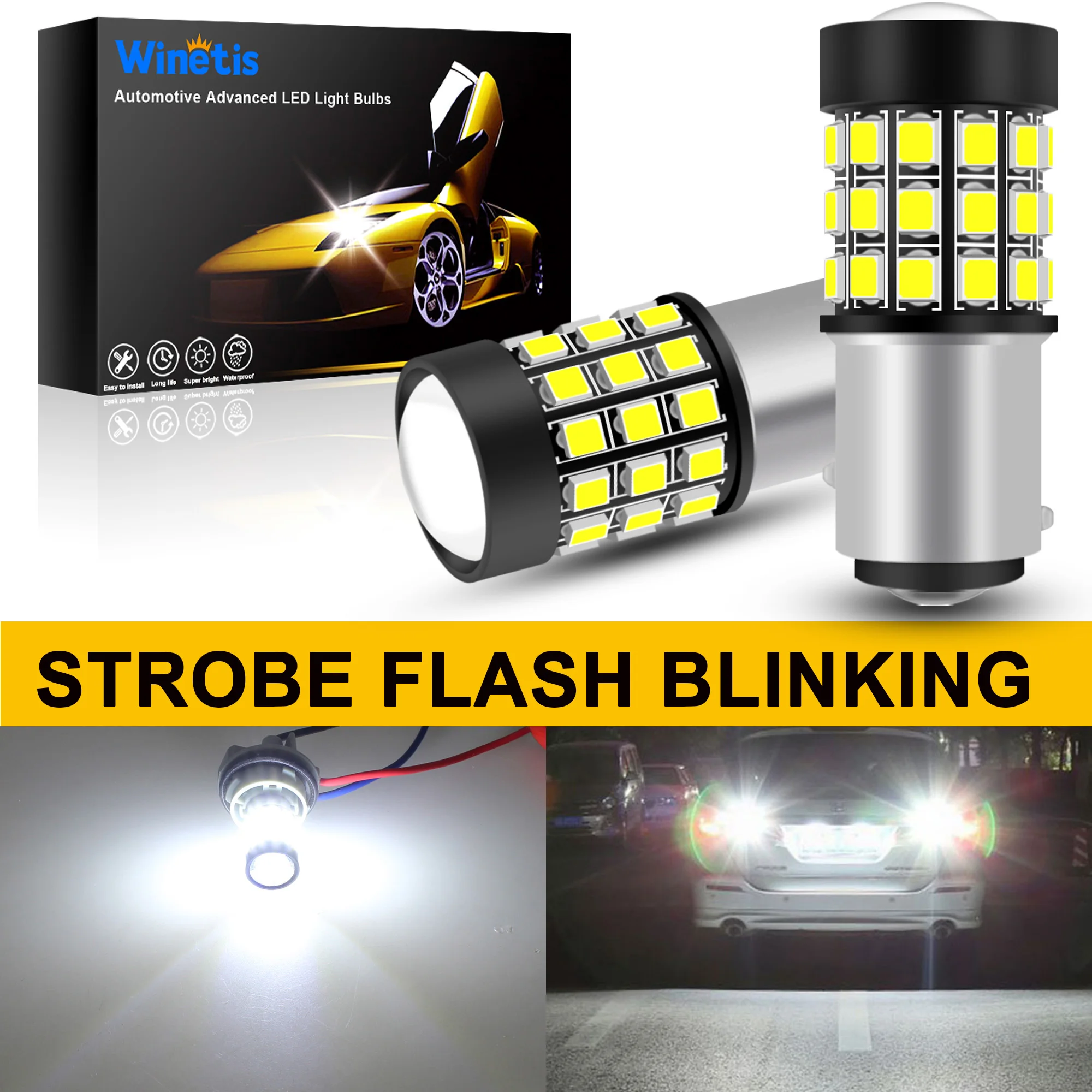 

Winetis 2X 1157 2357 Strobe Reverse Light LED Bulbs 6500K White Super Bright 2057 2357 7528 BAY15D Flashing LED Backup Lights