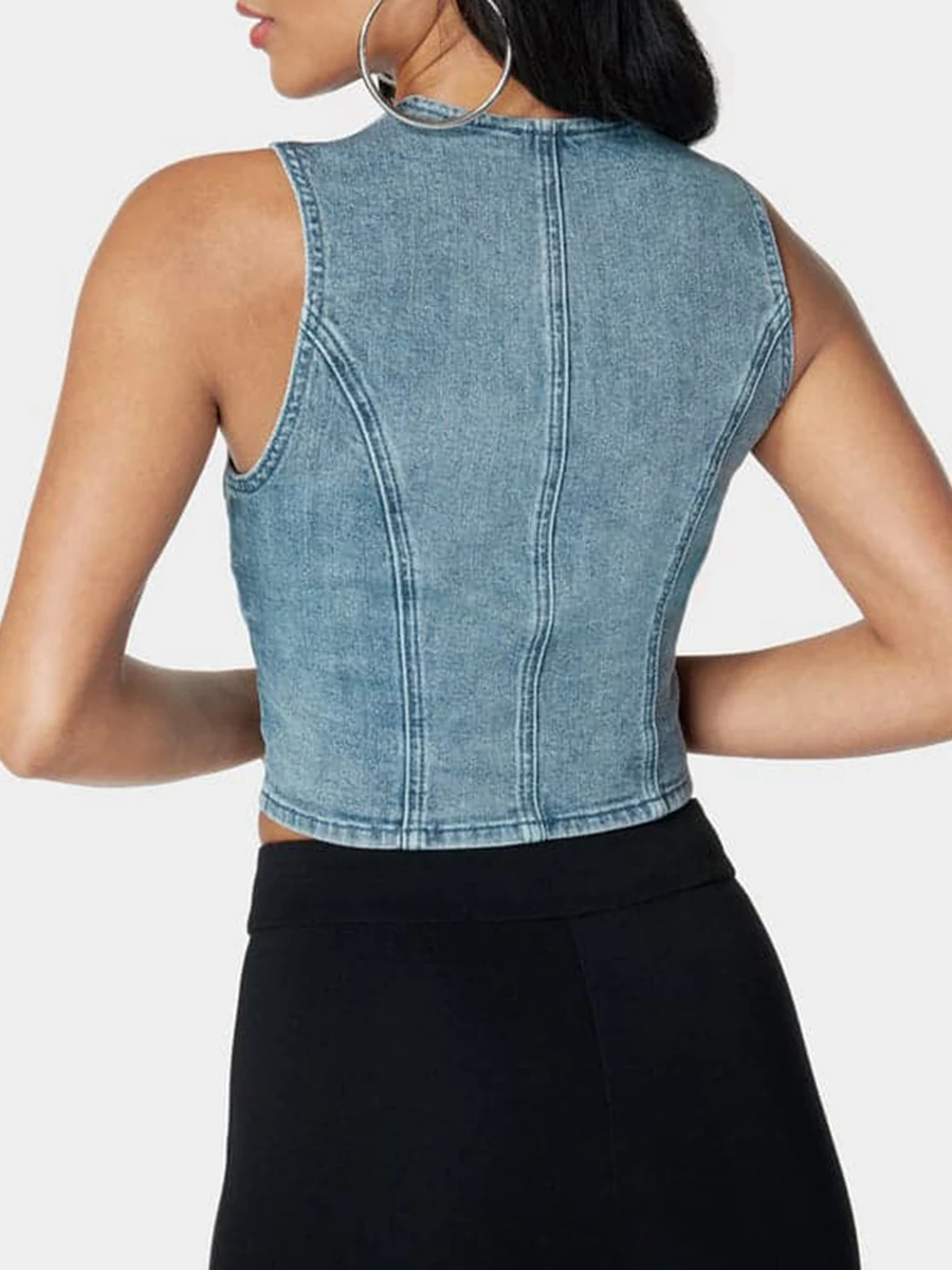 Camiseta sin mangas de mezclilla para mujer, chaleco sin mangas con cuello cuadrado y cierre de botones, ropa de discoteca de verano sólida