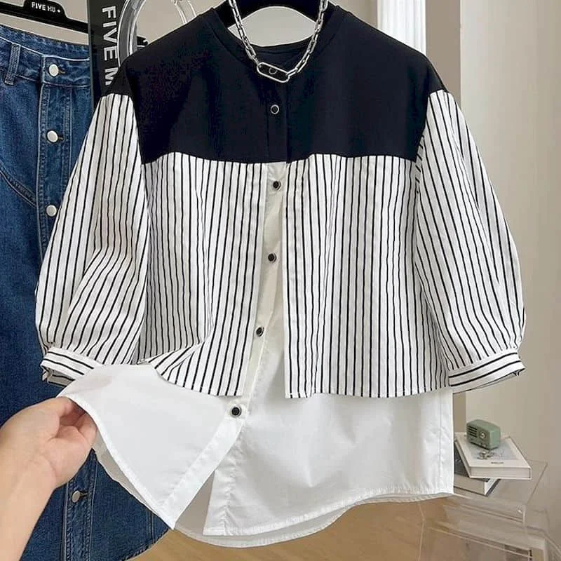 Shirts for Women O-neck Korean Fashion Oversized Blouse Striped Patchwork Fake Two Pieces Long Sleeved Casual Loose Women Tops