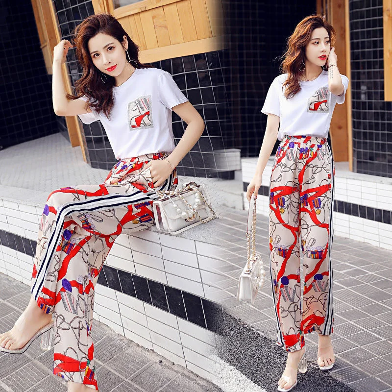 Garnitur damski 2024 Summer New Korean Style Short Sleeve Tops Fashion Wide Leg Pants 2 Two Piece Set Casual Plus Size Female Outfits