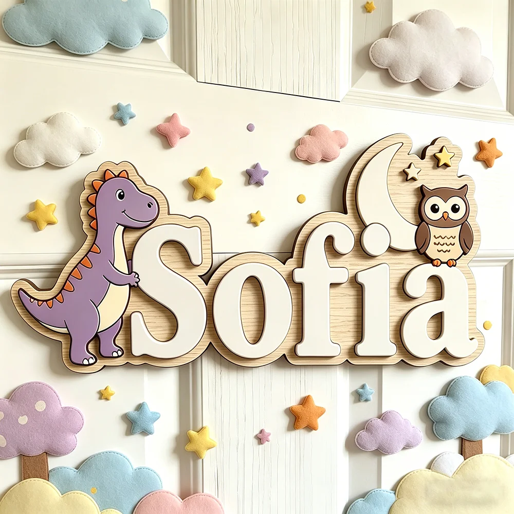 Whimsical Purple Dinosaur & Owl Custom Name Plaque for The Dearest Baby, Sweet Moon & Stars Nursery Wall Art, Personalized Soft