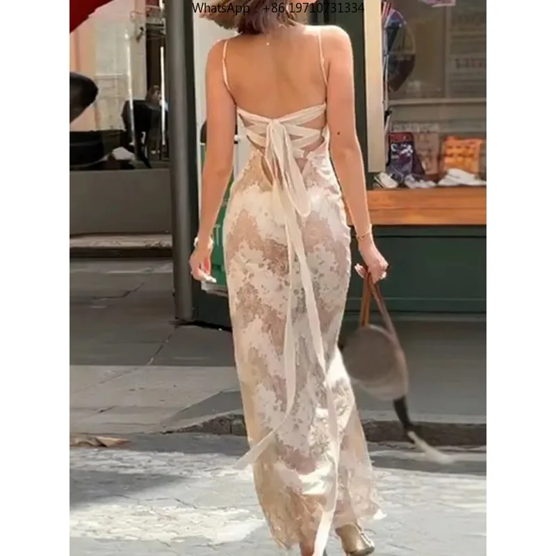 Women Spaghetti Strap Backless Bandage Maxi Dress Print Patchwork Slim Fit Summer Sleeveless Party Streetwear Dress