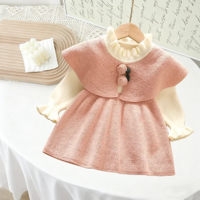Girls Skirt 2026 Spring And Autumn New Childrens Clothes Girls Baby Stand Flower Decorated Knitted Shawl Splicing Dress