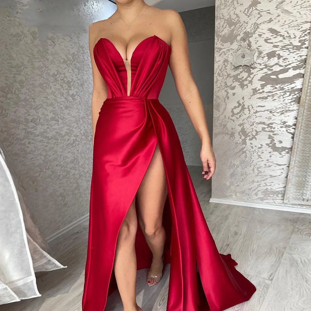 

Newest Red Prom Dresses 2024 Ruched Sweetheart High Split Front Women Formal Evening Gowns Sexy Night Party Wedding Guest Dress