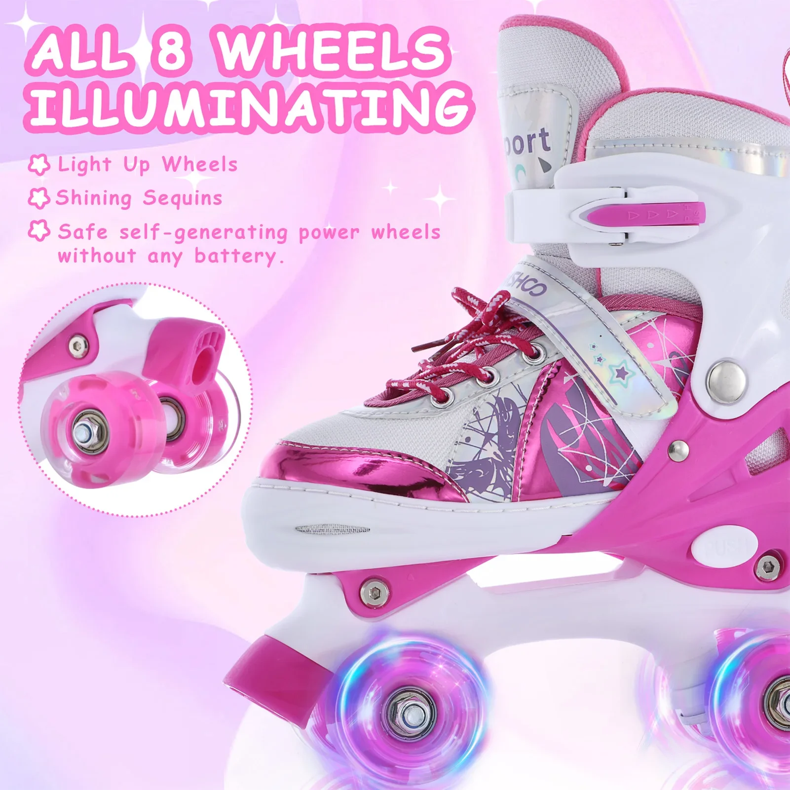 Roller Skates for Children Junior, 4 Sizes Four Wheel Roller Boots Built In Adjuster, Luminous Wheels High-Top Shoes For Kids