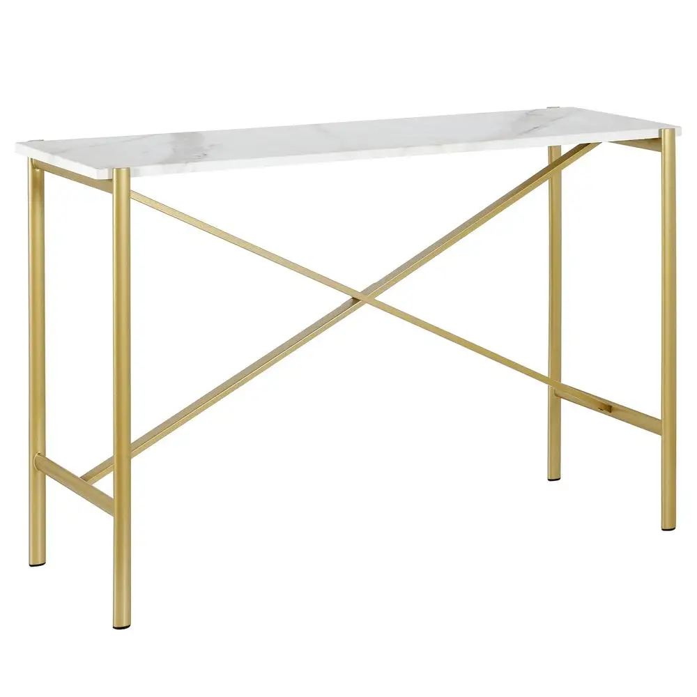 Wide Rectangular Modern Console Table with Faux Marble Top Geometric Design Industrial Style Easy Assembly Ideal Living Room or