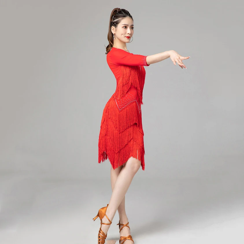 One-piece Dress Women Dance Clothes Competition Ballroom Dress Samba Costume Party Dresses Stretchy Fringes Latin Dress Mesh