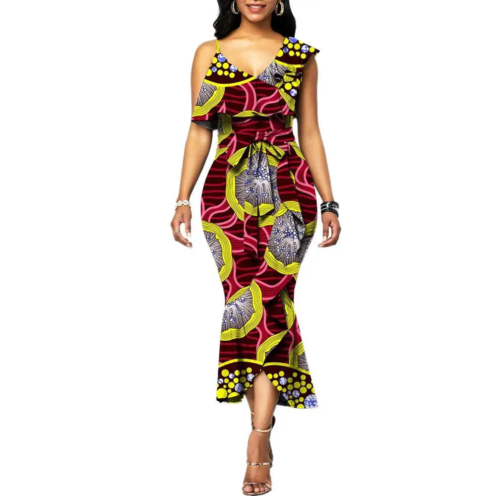 Imagem -03 - Afripride-vestido Africano sem Mangas Dashiki Impressão Profundo V-neck Bodycon Cera Cinto Traje Desgaste do Partido S1925102 2024