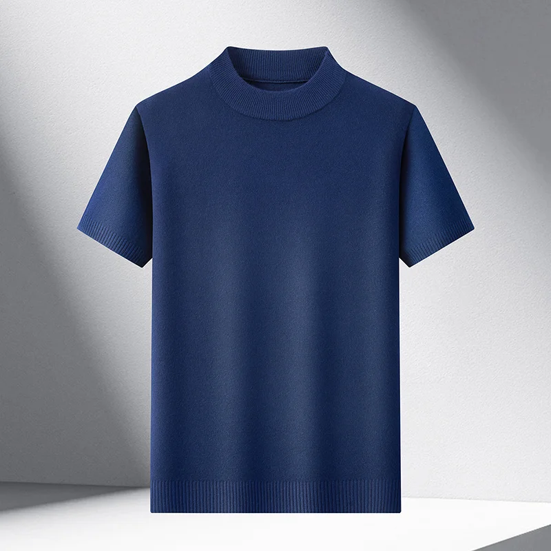 Herren Einfarbige Mock-Neck Kurzarm-Strick-T-Shirts Lässige Basis-Oberteile Weich Dehnbar Knitterfrei Für Alle Jahreszeiten Geeignet – Detail 25