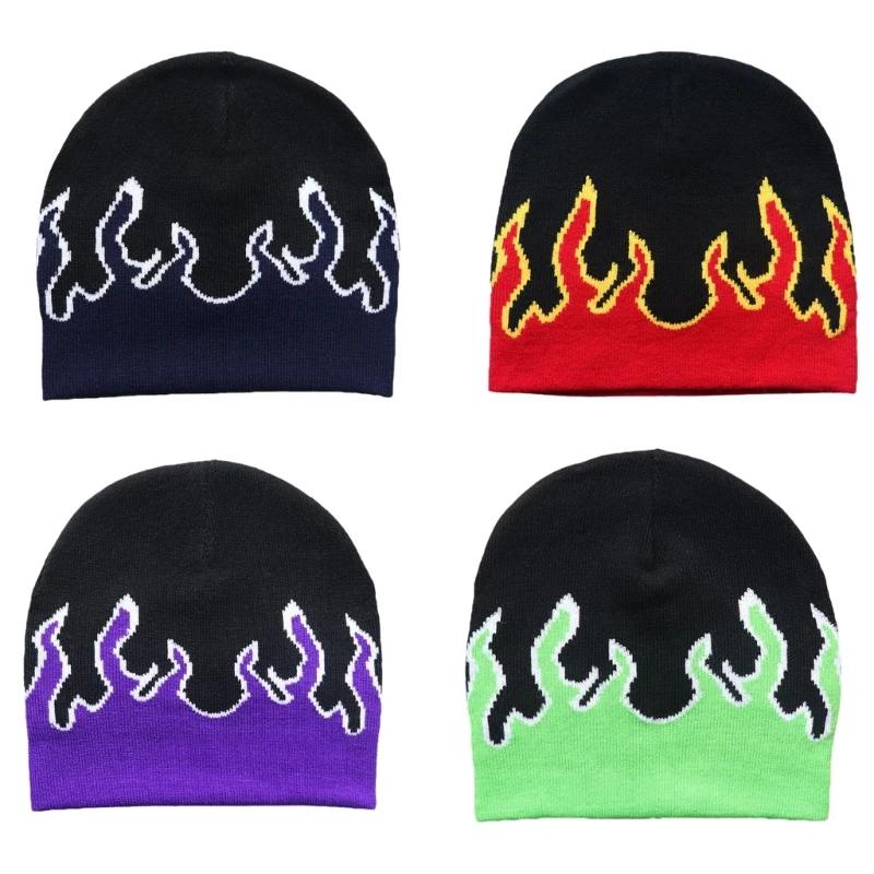 

652F Flame Y2K Knit Hat Skullies Flame Skull