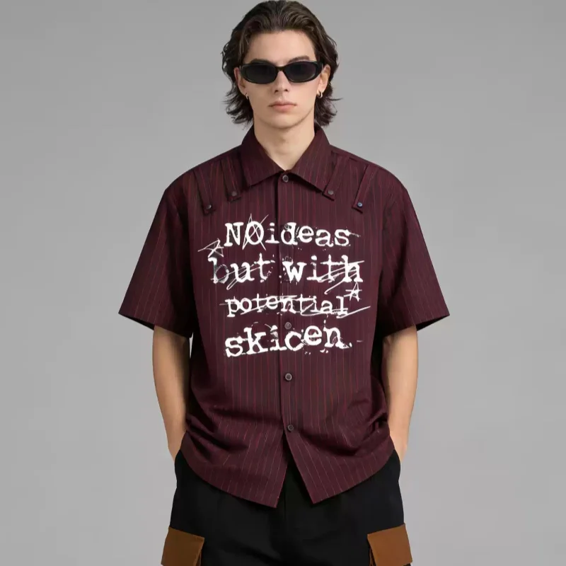 

Retro Plaid Graffiti Printing Street Short Sleeve Shirt Turn-Down Collar For Man Fashionable Splicing Button Decoration Tops