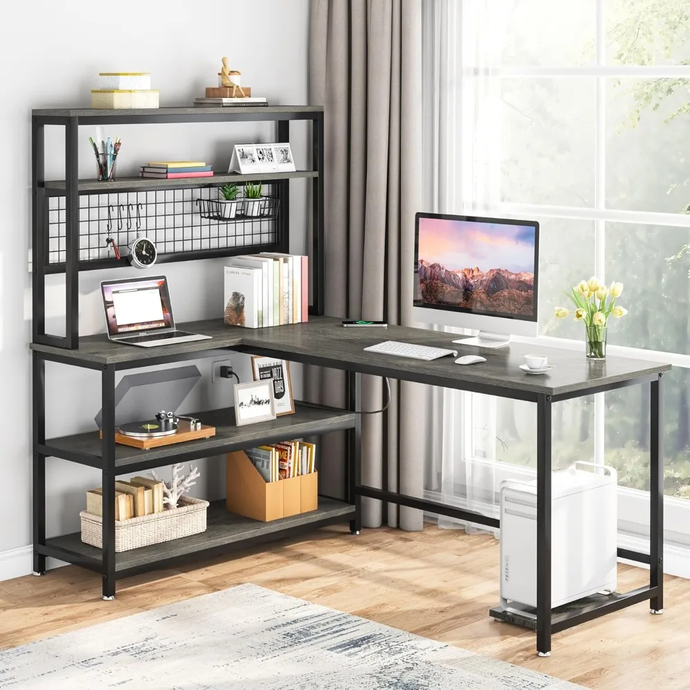 

55" Large Computer Desk with Wireless Charging 5 Storage Shelves, Office Desk Study Table Writing Desk Workstation
