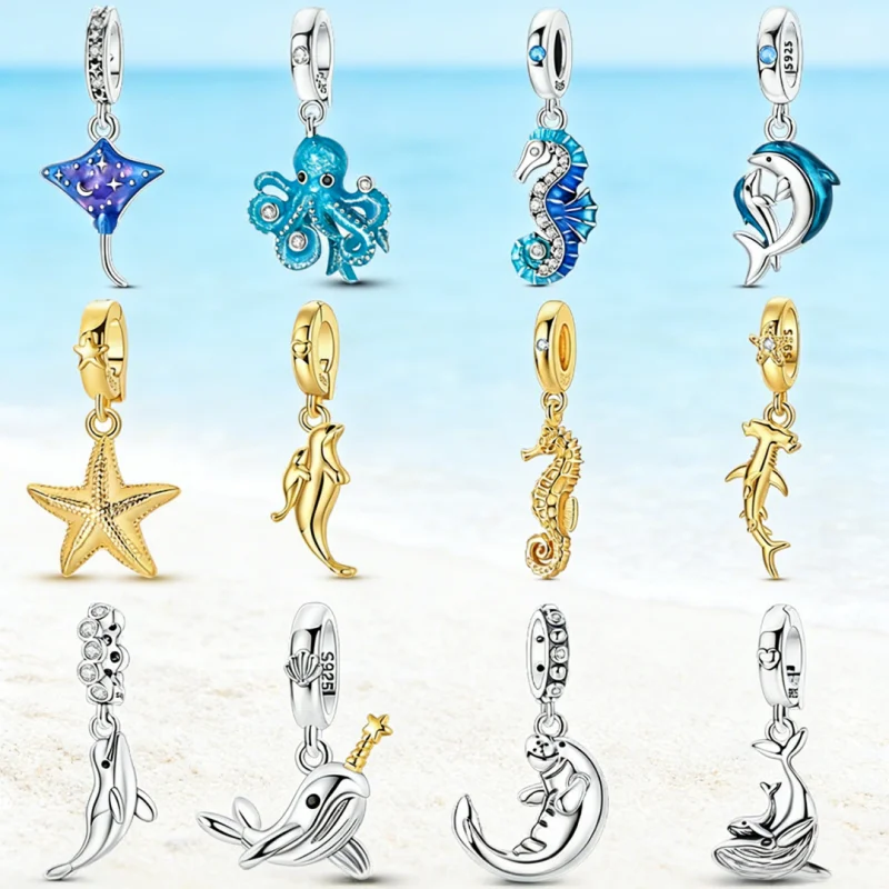 

New 925 Sterling Silver Ocean Golden Seahorse Sharks And Whales Charms Pendant For Women Fit Original Bracelet DIY Jewelry Gifts