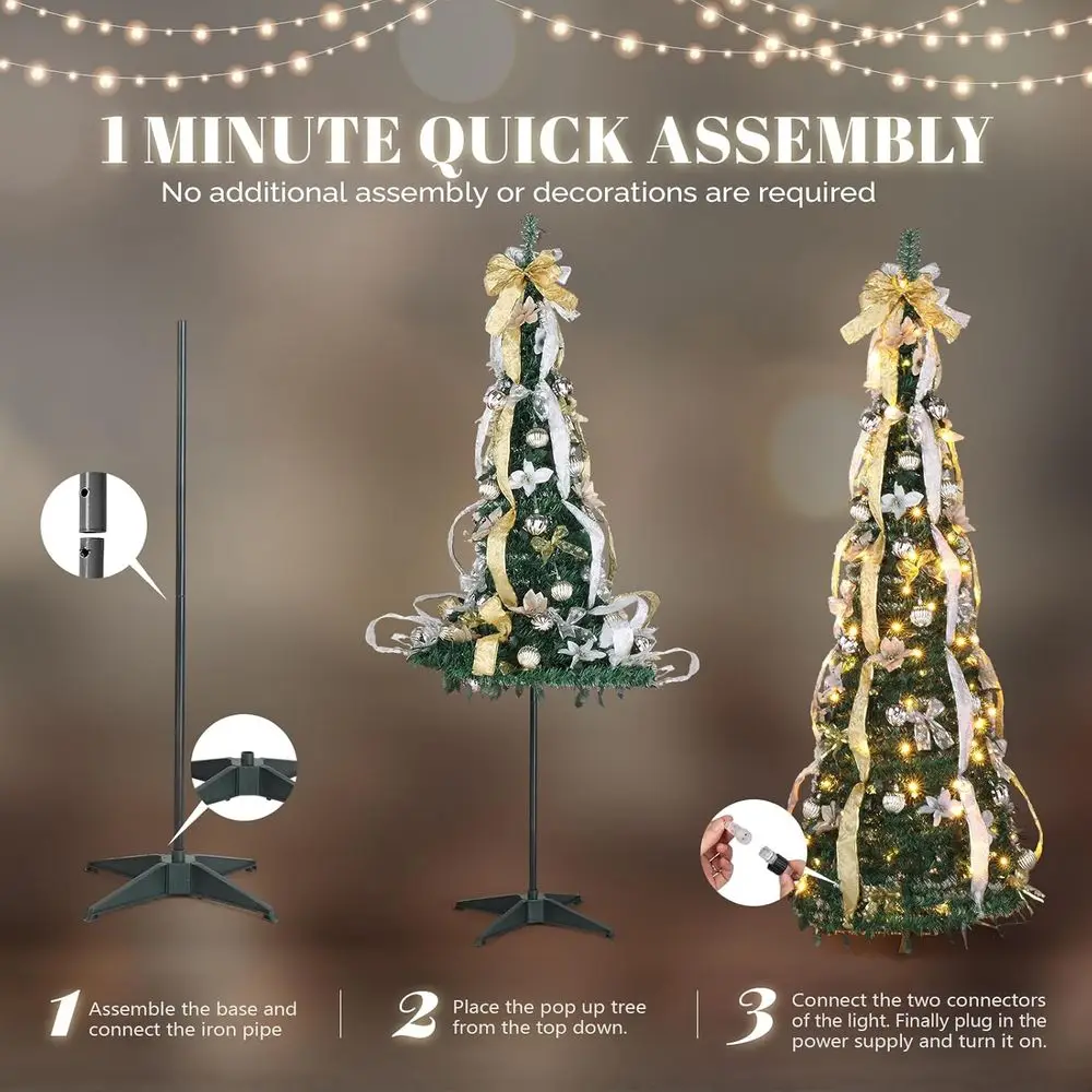 6t up Artiicial Chrisas Pine Tree with 150 Warm White Lights, Xmas Tree day Party Decorations with Sturdy Metal Stand (Gold&Silv view 4