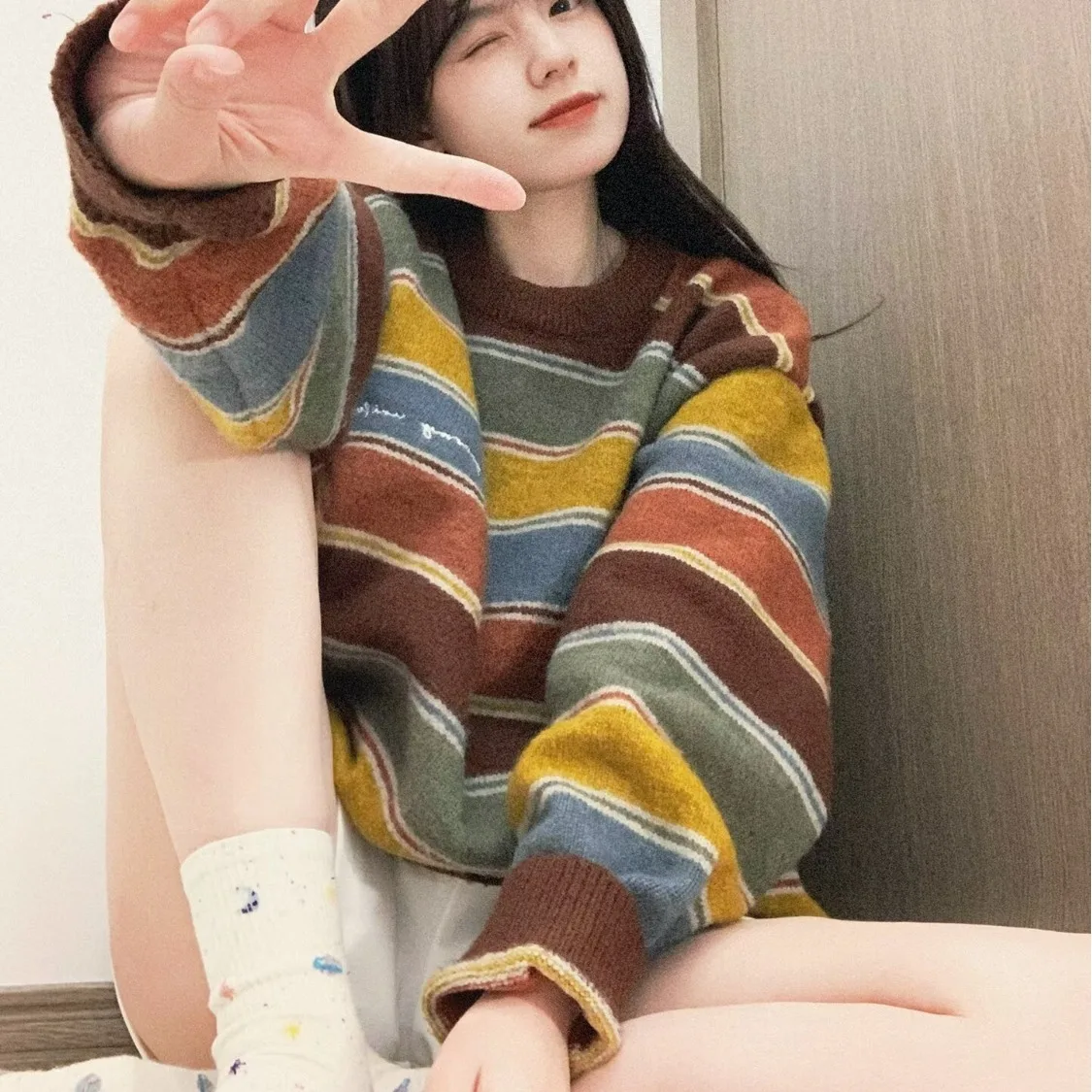 레트로 아메리칸 레이지 스트라이프 컬러 블록 라운드 넥 니트 스웨터 여성용 패셔너블 루즈핏 롱 스웨터