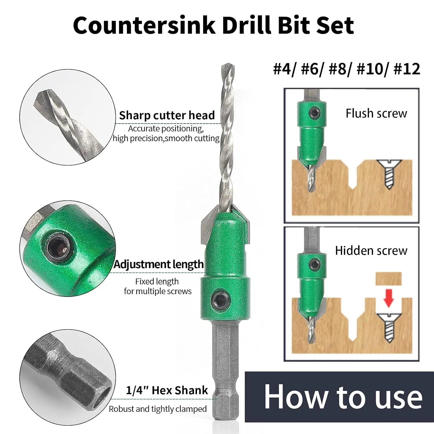 Pro Countersink Drill Bit Set #4,6,8,10,12, 5-Piece for Wood, HSS Reamer with Hex Key view 2