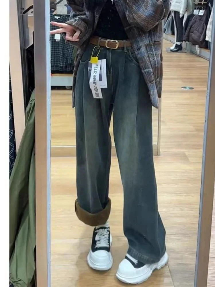 

Женские джинсы с широкими штанинами и высокой талией, утепленные флисом, в стиле ретро, осенне-зимние, больших размеров, для повседневной носки, с эффектом похудения