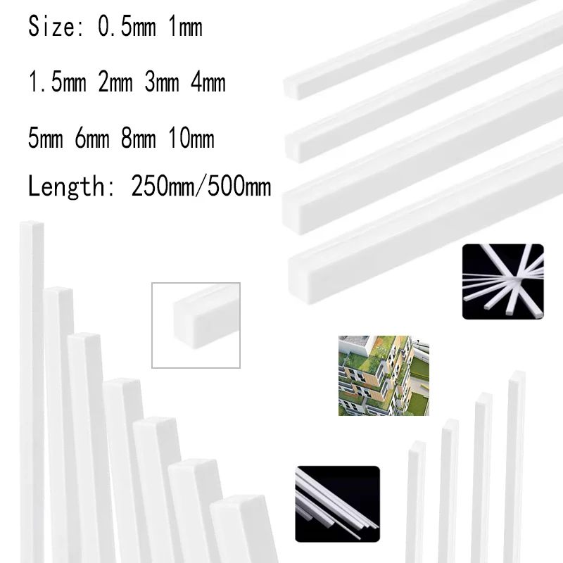 ABS White Square Plastic Rod  for Architecture Model Making DIY Craft, Hobby, School Projects, Cutting Supplies 0.5-10mm