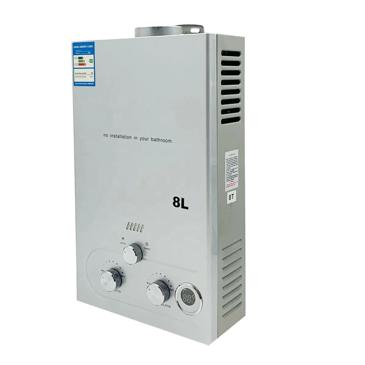 Stainless Steel Tankless Water Heater Propane On-Demand 8L Electric Ignition Outdoor Gas Powered Flue Type Exhaust