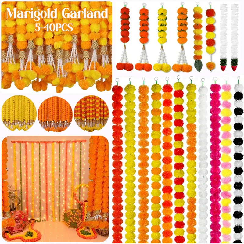 5-50 Uds. Guirnalda de caléndula, guirnaldas de flores de caléndula para boda, fiesta de oración, guirnalda de caléndula, guirnaldas de decoración india para boda