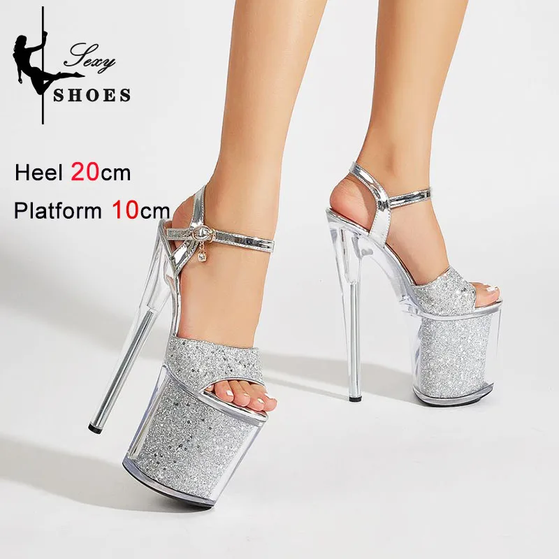 Pole Dance Shoes Women 20CM Transparent Stilettos Summer New 10CM Platform Crystal High Heels Gold Ankle Buckle Sequined Sandals