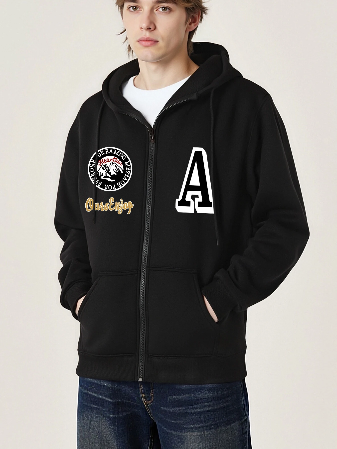

Beautiful Scenery And Letter A Printed Men Zipper Sweatshirt Fashion Street Jacket Loose Casual Hoodies Mans Fleece Long Sleeve