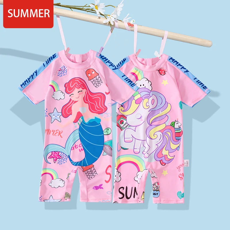 2022 One-piece Children's Swimsuit Girls Summer Pink Cute Mermaid Unicorn Print Beachwear Cartoon Swimming Equipment Swimwear