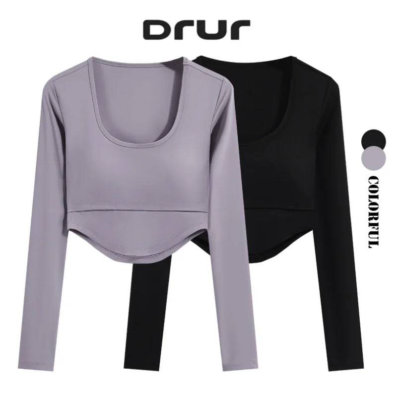 

Женская укороченная футболка для йоги DRUR со встроенным бюстгальтером, облегающий топ для спортзала, повседневная быстросохнущая блузка для балета и пилатеса