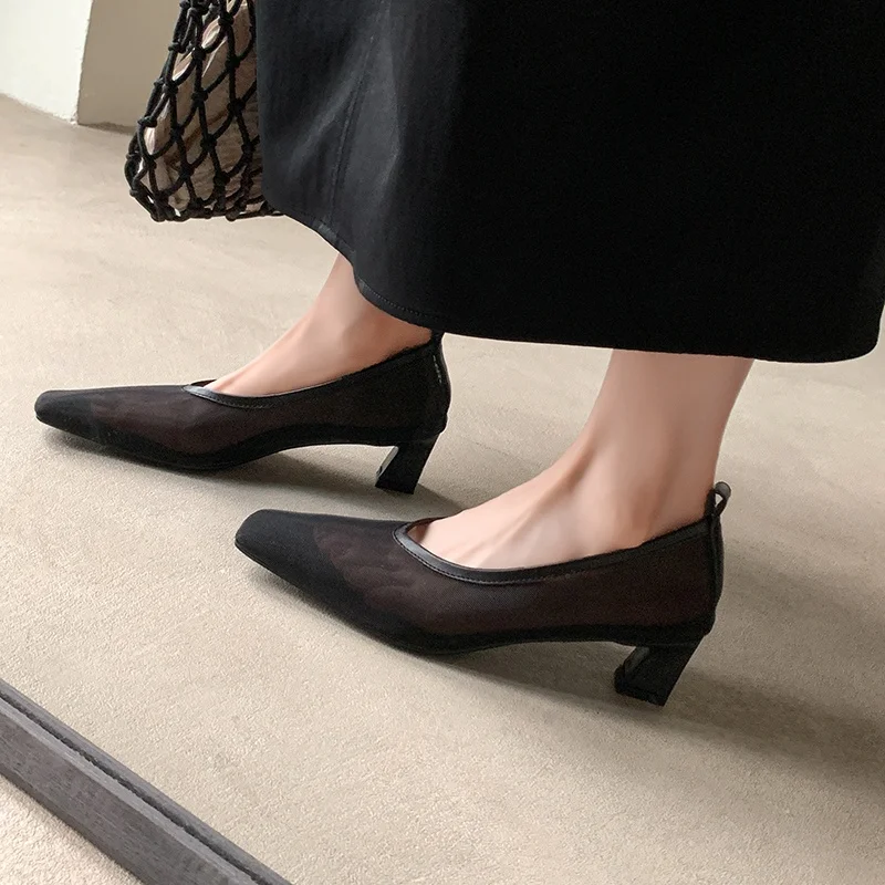 أحذية نسائية صيفية شبكية بكعب متوسط قابلة للتنفس صنادل بمقدمة مربعة أحذية بسيطة شعبية أحذية فضية وسوداء #6