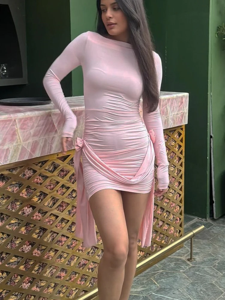 Elegant Ruchedดอกไม้Appliqueชุดมินิผู้หญิงเซ็กซี่Bodycon Club Party Dresses 2025 ฤดูร้อนใหม่แขนยาวแฟชั่น