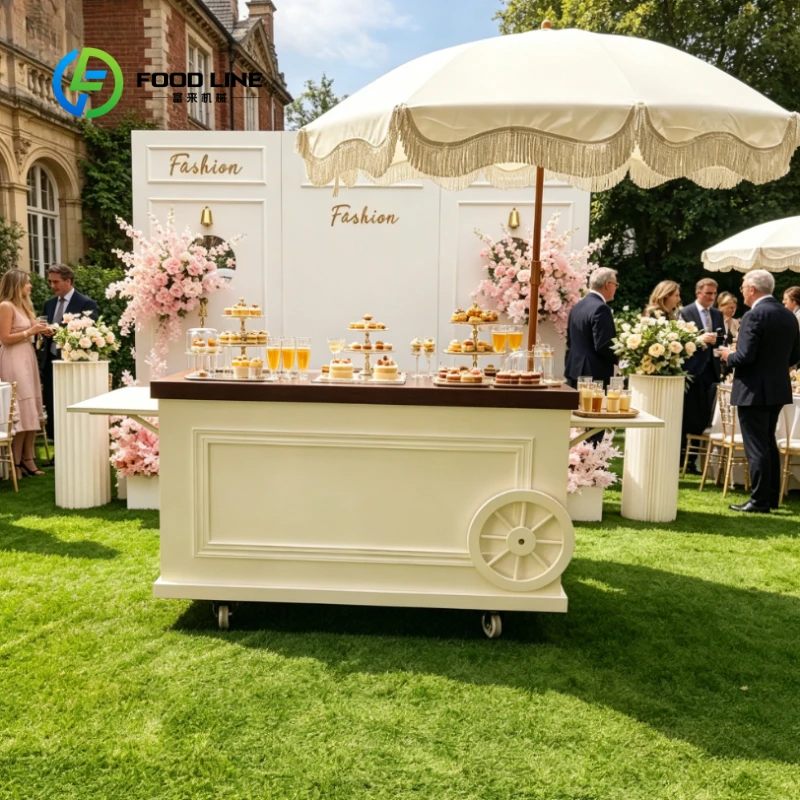 Customized White Foldable Wooden Ice Cream Cart, Mobile Food Cart with Tassel Umbrella for Restaurant & Outdoor Fast Food