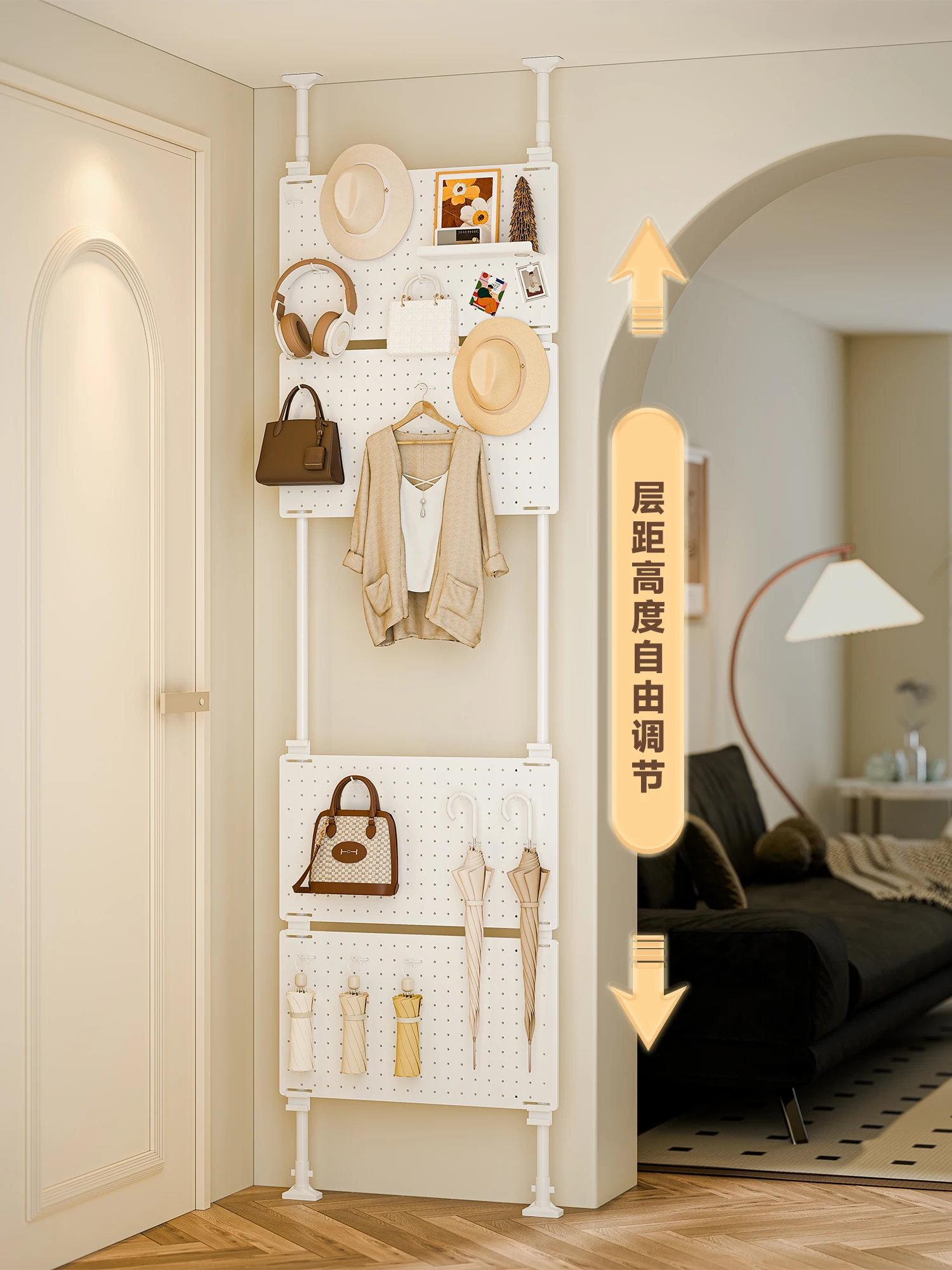 The shelf behind the door enters the entrance, hole board is upright