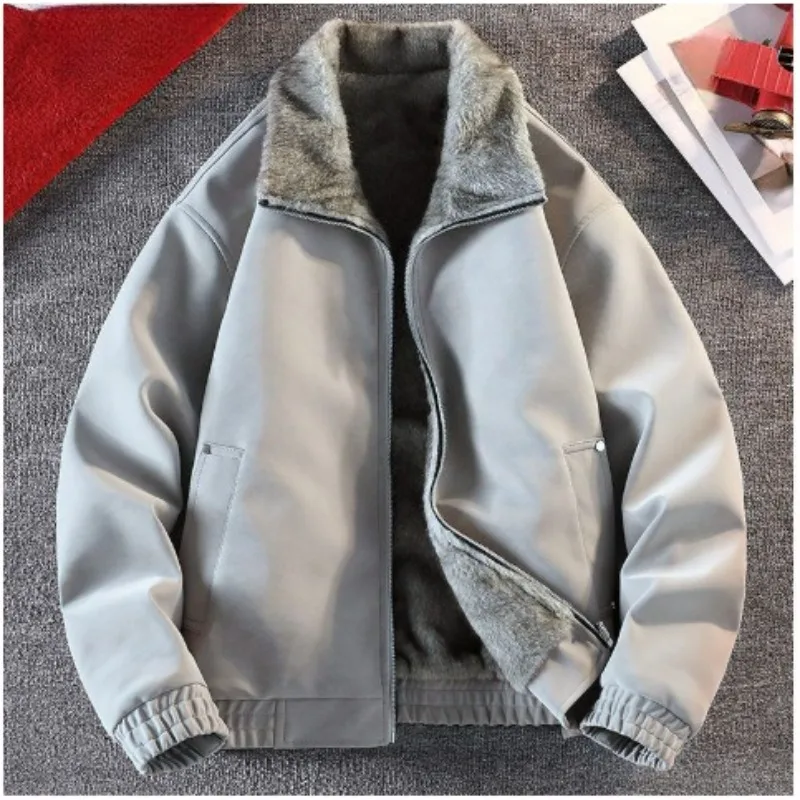 

Plus-size Versatile Winter Clothin Fleece Thickened Faux Fur One-piece Leather Jacket Men's Korean-style Motorcycle Suit Coat