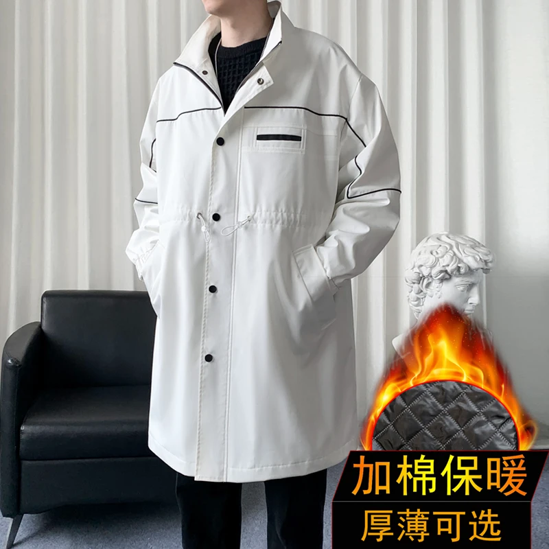 Men's Stand Collor Long Trench Coat Winter Thick Cotton-lined Casual Outerwear Loose Overcoat Single Breasted Male Windbreaker