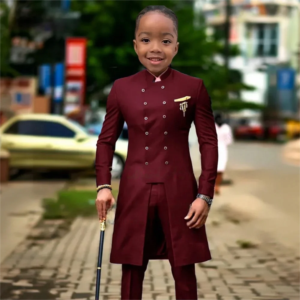 African Style Boys Suit 2 Piece Wedding Tuxedo Burgundy Long Jacket Pants Double Breasted Blazer for Kids Tailored Clothes