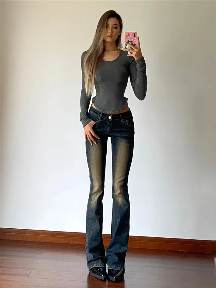 

American Retro Extended Low Waist Flared Jeans Women Slimming Spring Autumn Hot Girl Straight Leg Pants High Waist Jeans
