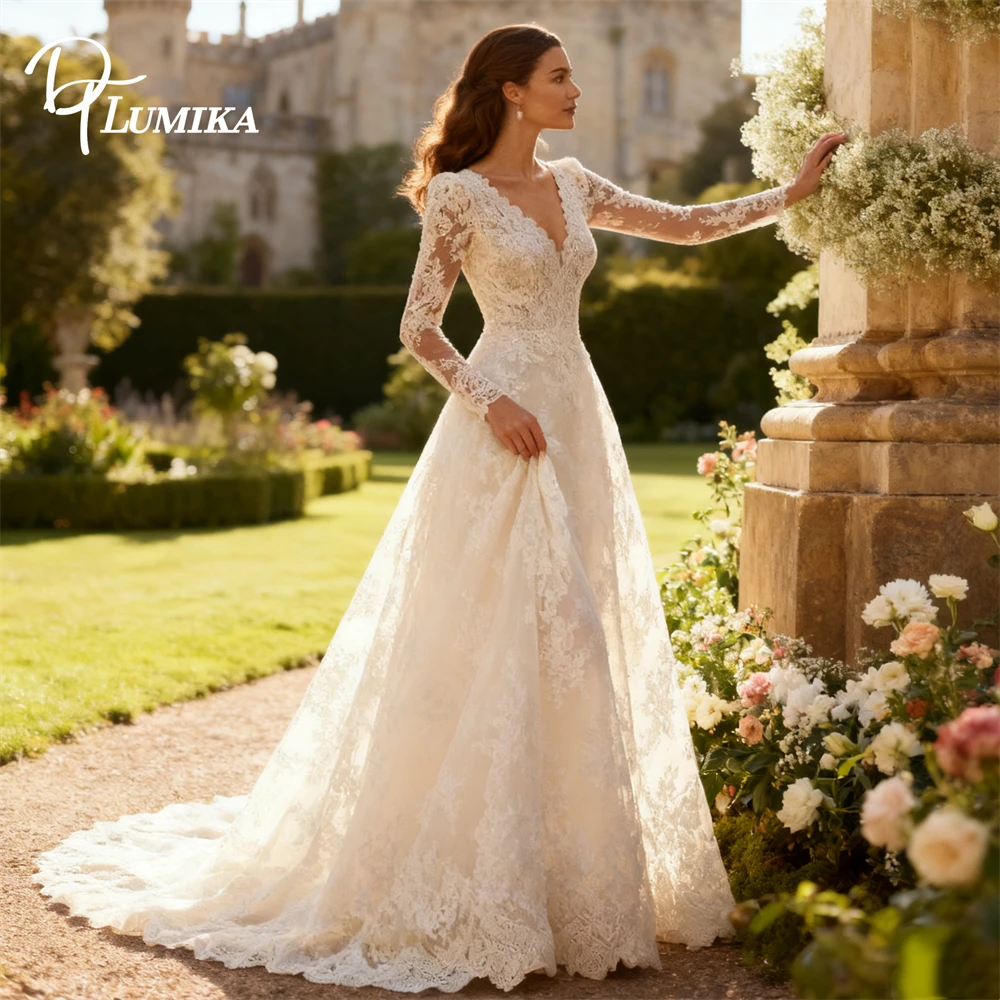 Elegant V Neck Lace Wedding Dress for Bride 2026 Long Sleeved Customized Womens Bride Dresses Made-to-Order Bridal Gown
