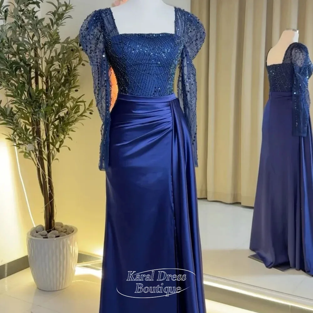 

Саудовские синие вечерние платья с квадратным воротником и длинными рукавами, кружевное платье с бисером для особых случаев для вечернего платья فساتين 미