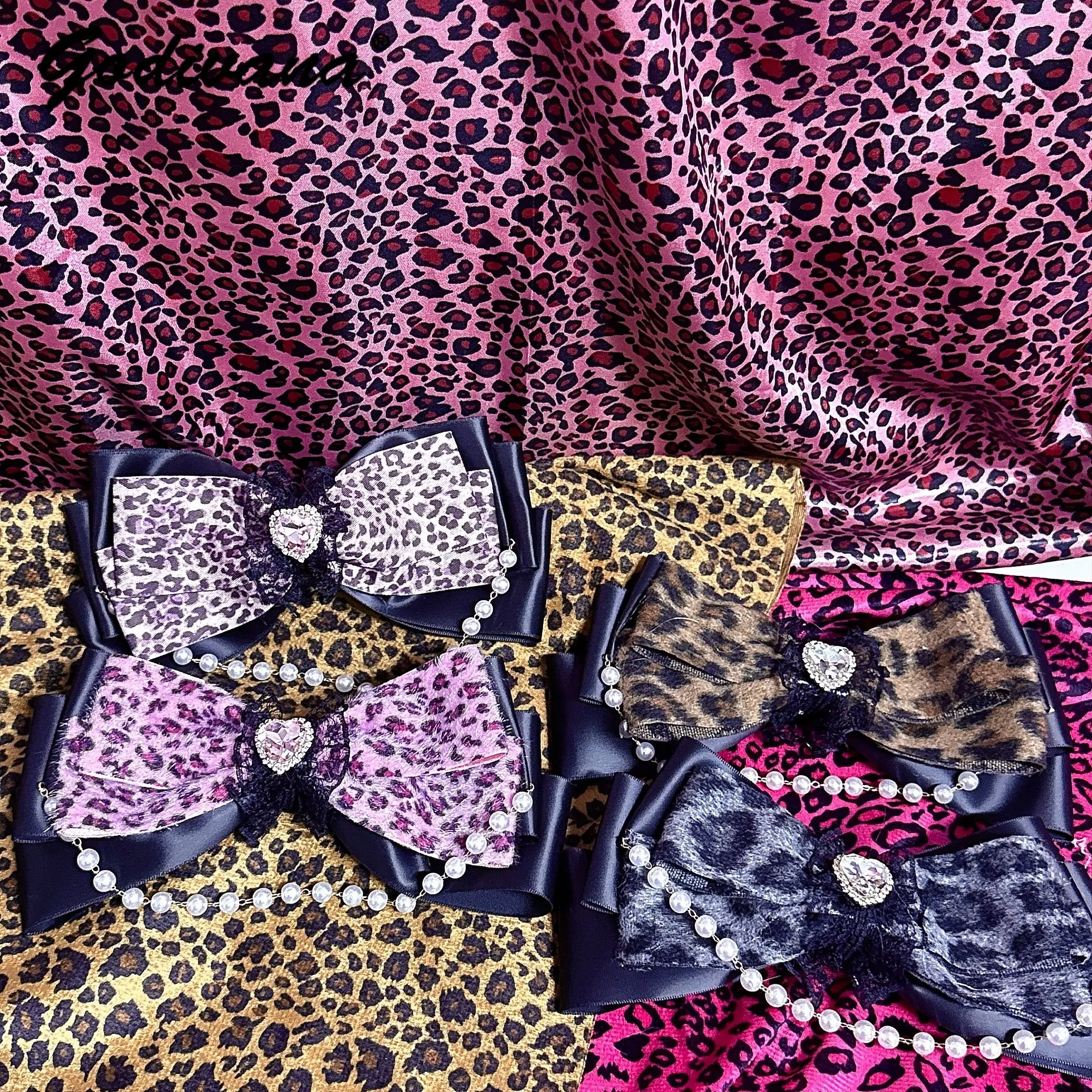 

Gal Style Hot Girl Leopard Print Lace Bow Hair Accessory Hair Clip Girl Women's Handmade Lolita Pearl Chain Side Clip Headwear