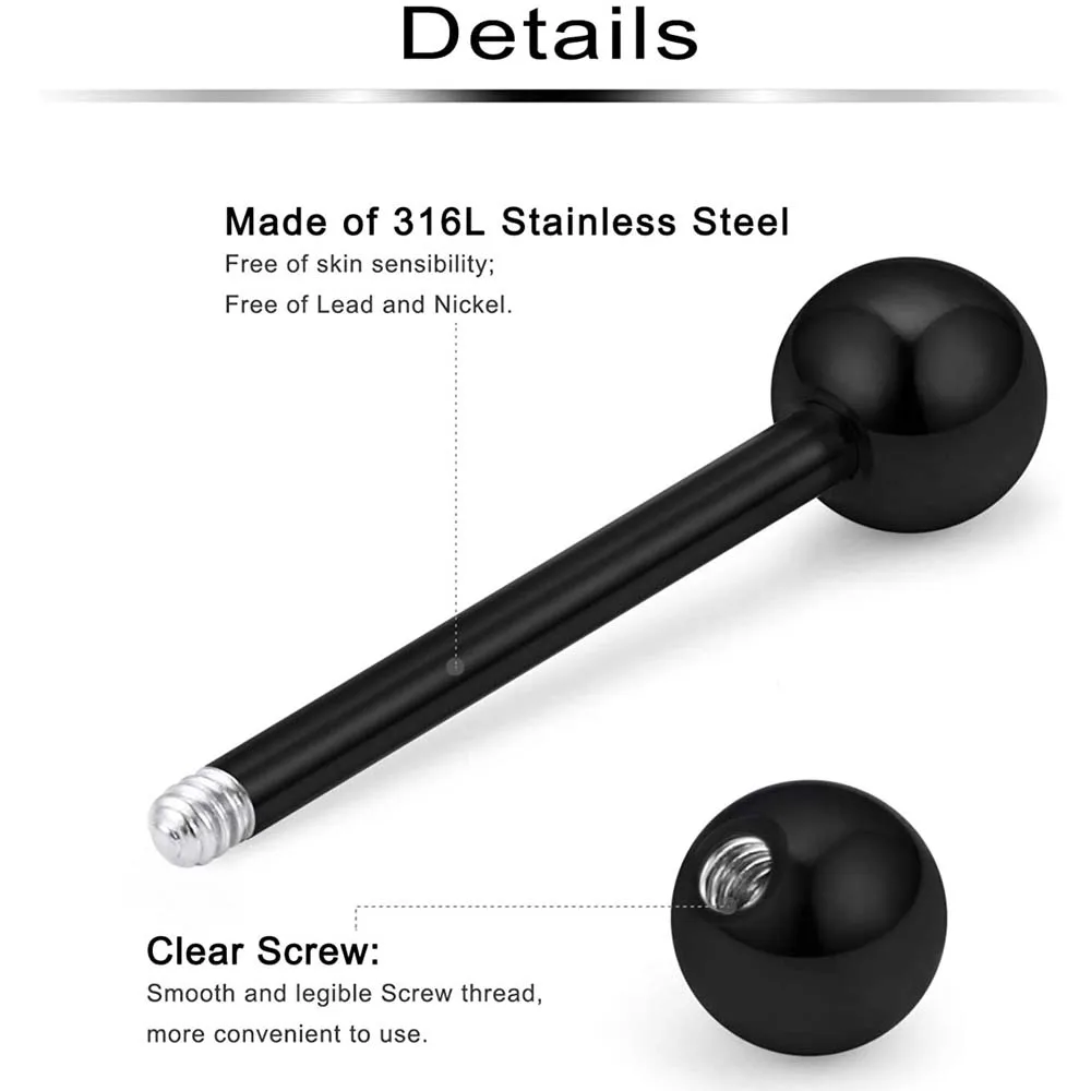 WKOUD 1-4PCS 14G Black Acrylic Balls Tongue Barbell Splatter 316L Stainless Steel Bar Tongue Rings Piercing 16mm