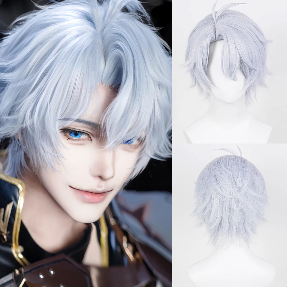Light Blue Short Straight Synthetic Men Wigs Middle Part Anime Game Cosplay Fluffy Wig for Daily Party