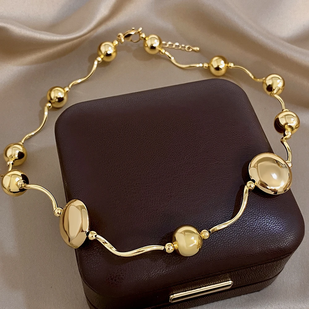 Greatera Golden Smooth-surface Round Beaded Necklace High Quality Chain Design Plated Gold Women's Collarbone Chain Jewelry Gift