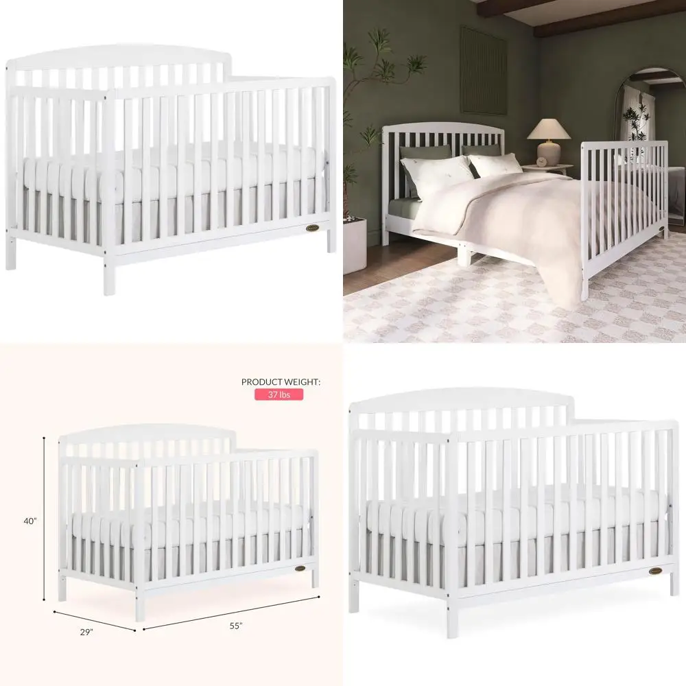 Odelle Cuna de bebé de pino sostenible blanco 5 en 1, se convierte en niños pequeños, cama diurna y completa, 3 alturas de colchón, GreenGuard Gold y JPMA